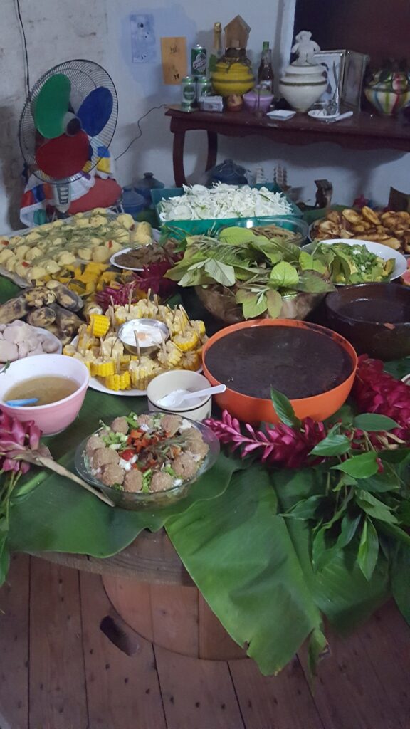 Photograph of a table filled with food.