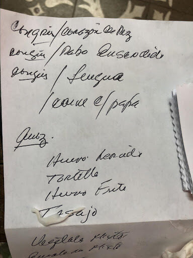 Photograph of a piece of paper with a list of recipes on it.