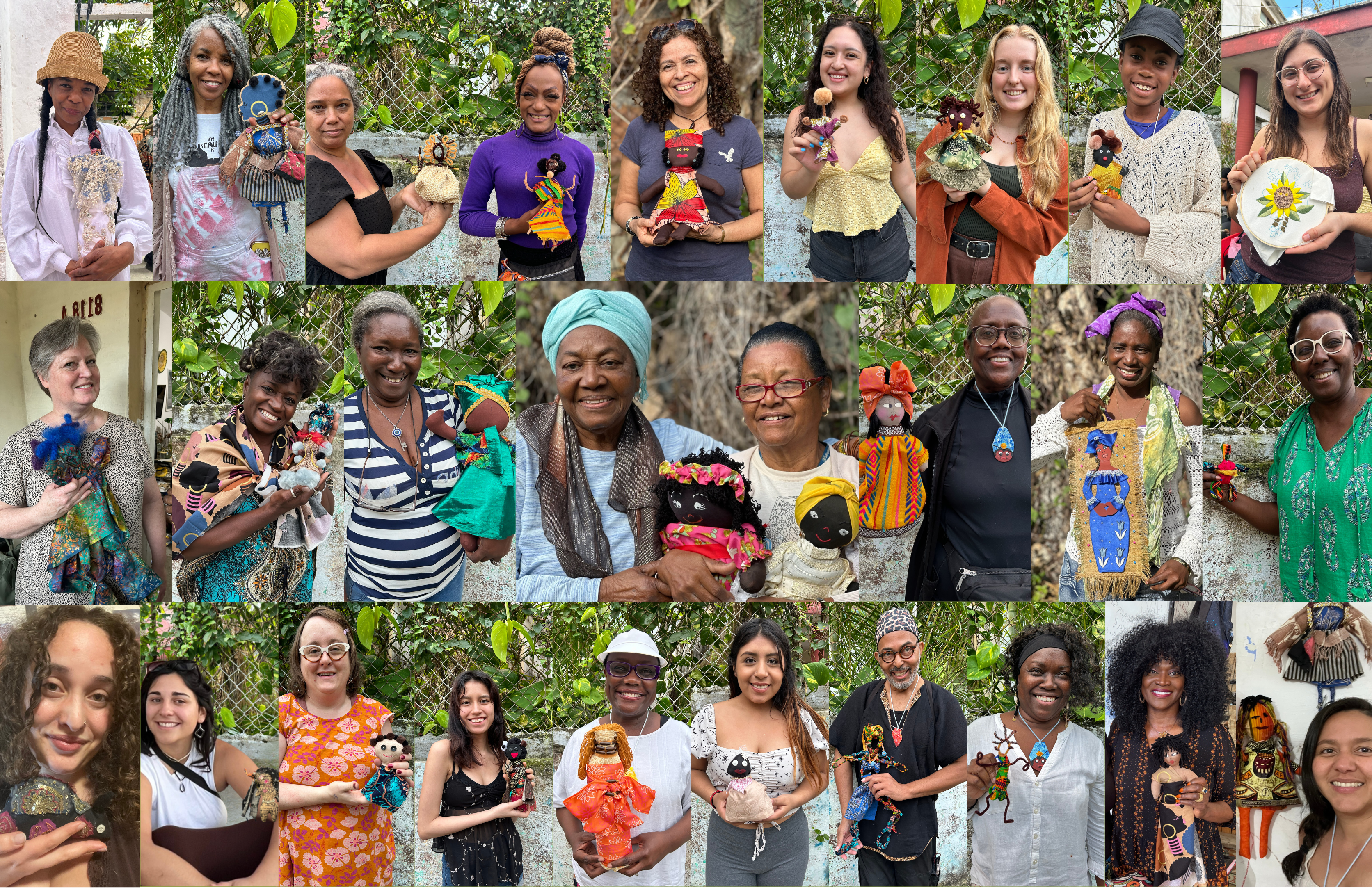 Collage of Contours ArteCalle artists standing outside and smiling while holding the dolls they made from cloth and other raw materials