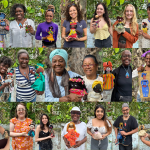 Un collage de fotos de artistas de Contours ArteCalle sonriendo y sosteniendo las muñecas que hicieron de diversas materiales y formas // Collage of Contours ArteCalle artists standing outside and smiling while holding the dolls they made from cloth and other raw materials